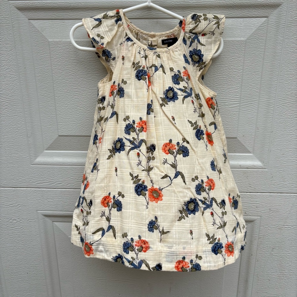 GAP Baby Floral Cream Dress with Blue & Coral Accents